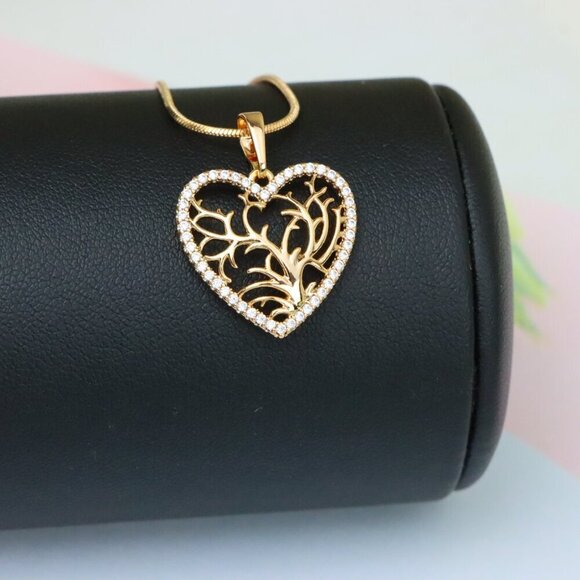 "Rose Gold Heart Pendant with Tree of Life Design and Crystal Border, XPPT1480 - Picture 12 of 12